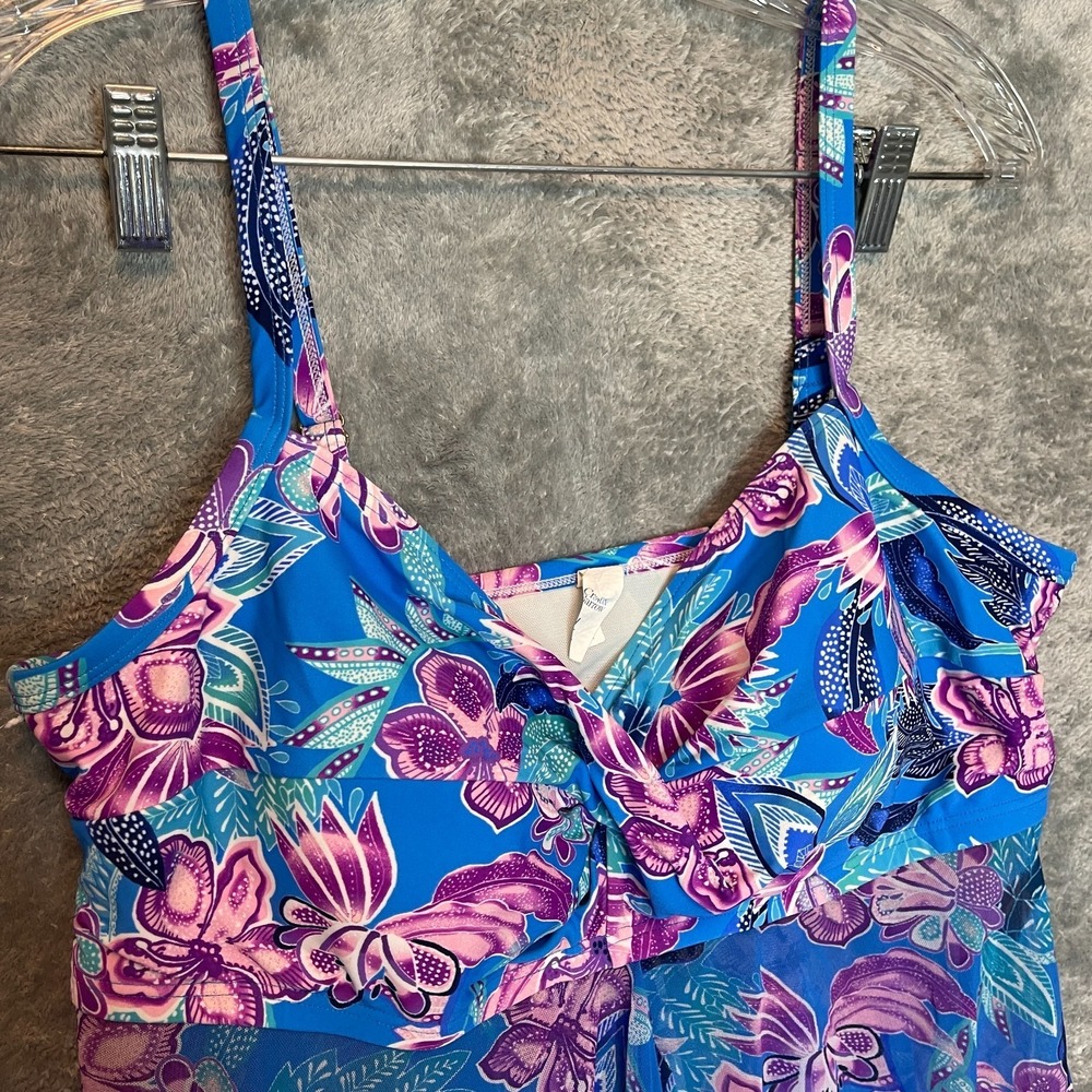Croft Barrow Women Floral Sheer Tankini Swim Top L Tropical Twist Knot Faux Wrap